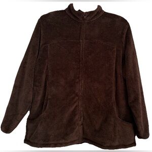 Lands End Plush Fleece Zip Jacket Coat Brown Women Size 2X (20W-22W) Teddy Fuzzy
